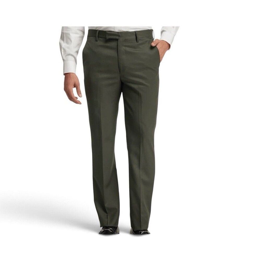Paul Fredrick Classic Fit Flat Front Dress Pants Olive 100% Wool Gabardine 44x36